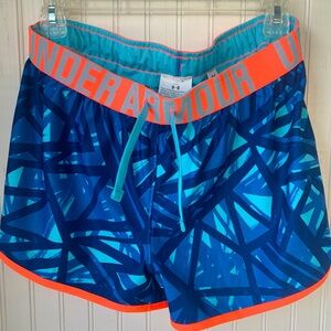 Under Armour (YXL) Girls Shorts; Colorful Teal, Navy Blue & Coral/Orange Print